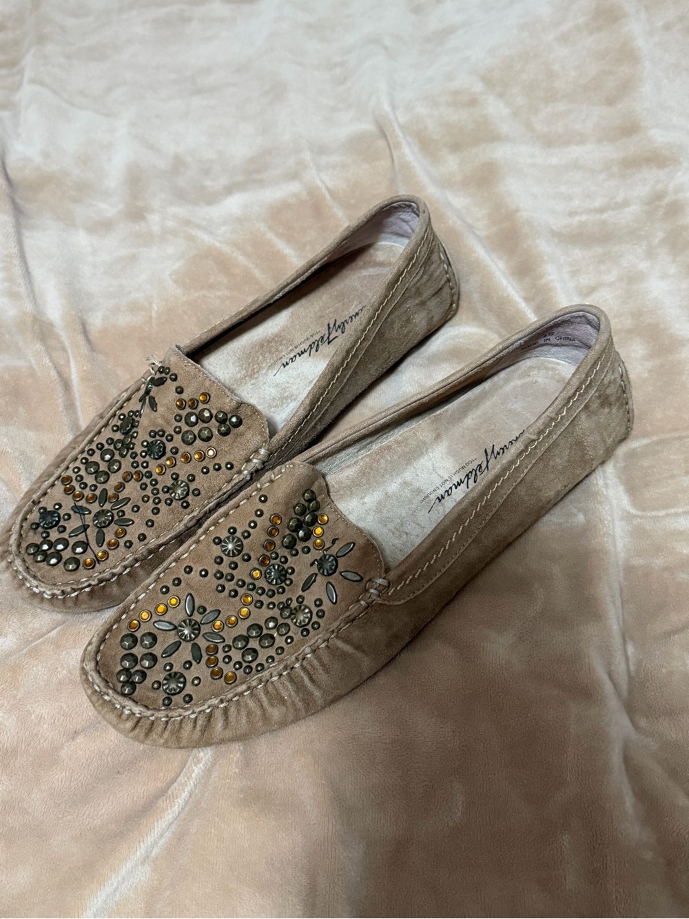 Beverly Feldman Women's Taupe Suede Studded Moccasin Loafers 8.5 Hippie Western